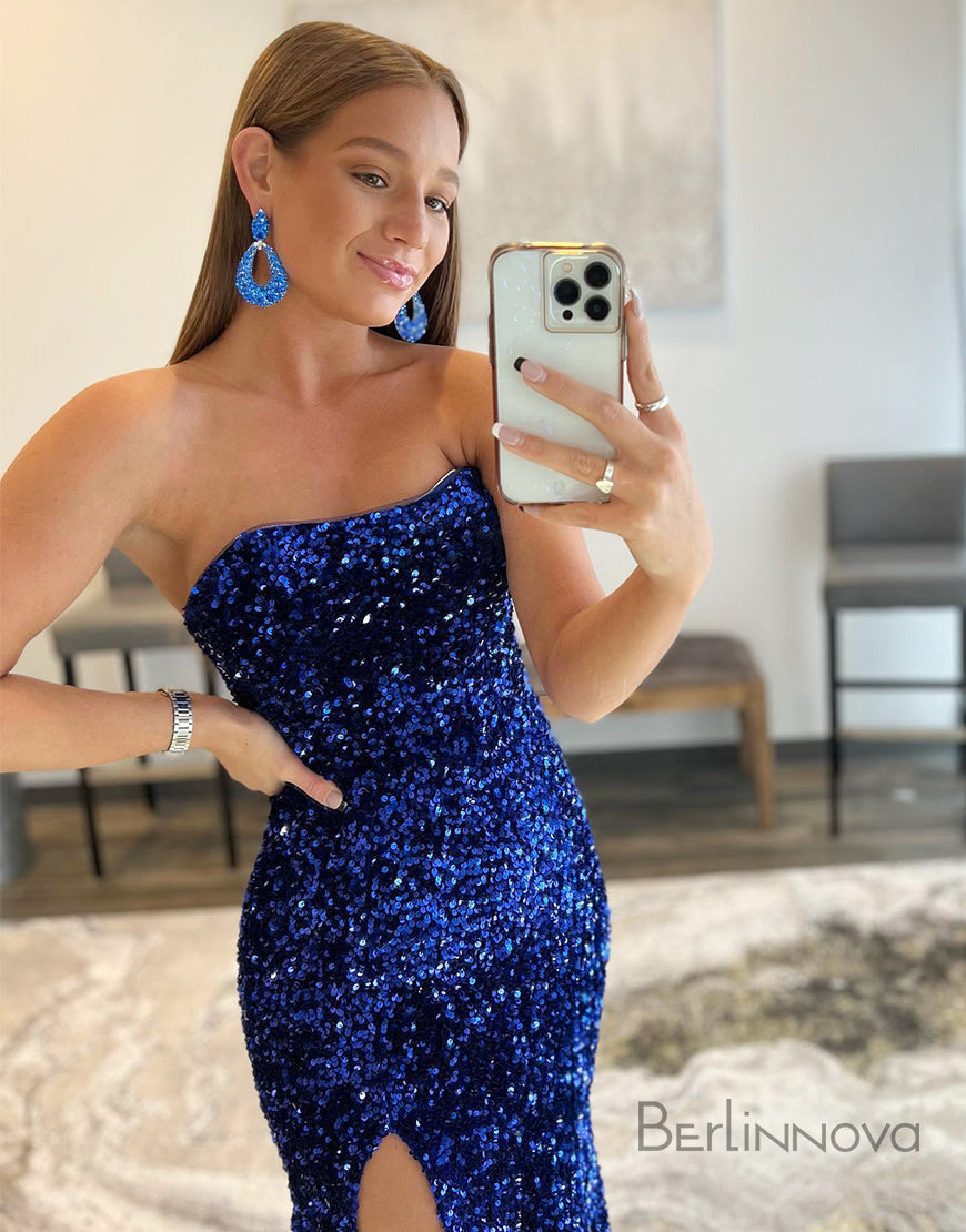 Mermaid Glitter Strapless Long Prom Dress With Sequins