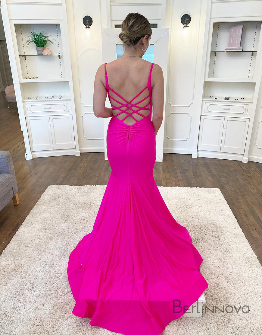 Sexy V-neck Halter Backless Hot Pink Long Prom Dress
