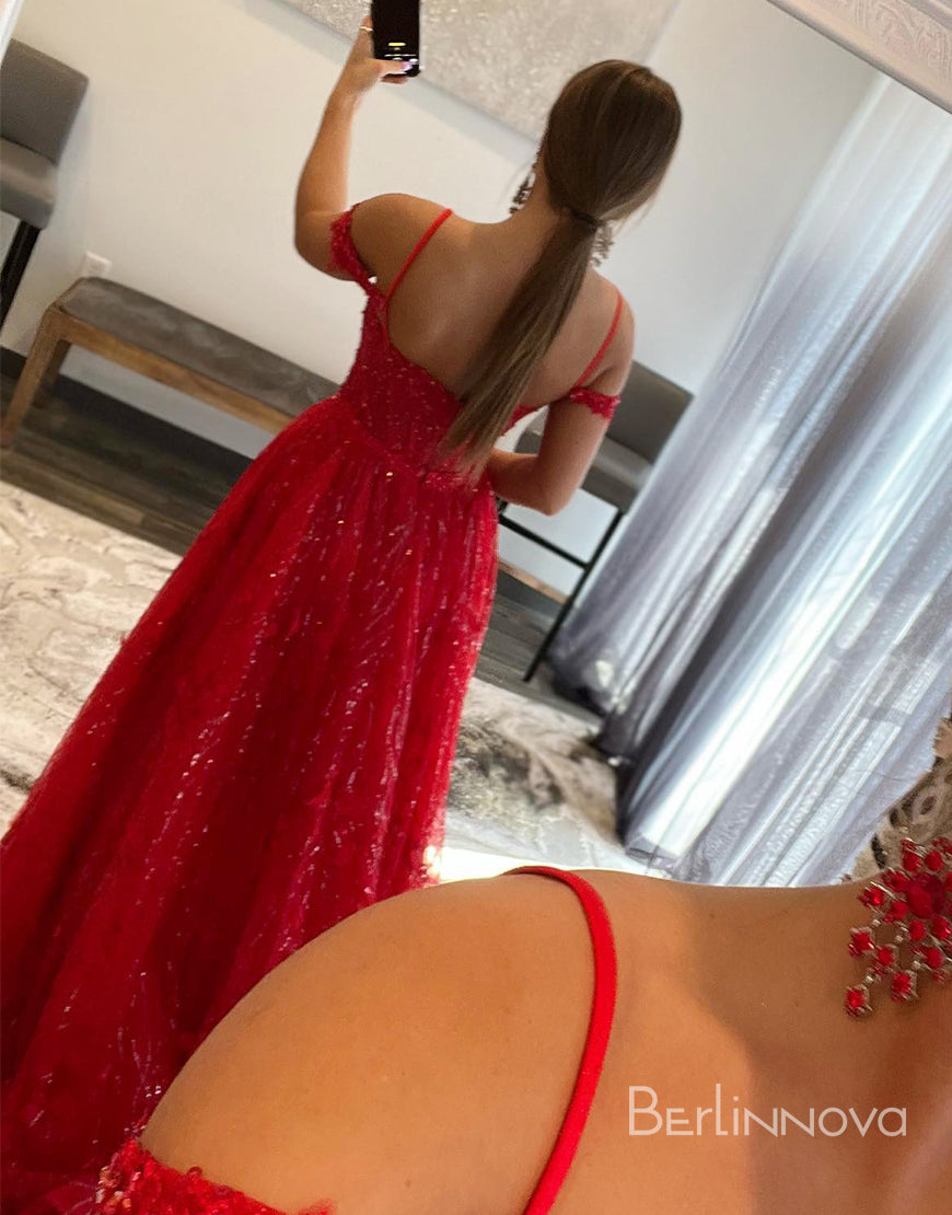 A-Line Spaghetti Straps Embroidery Red Long Prom Dress With Split