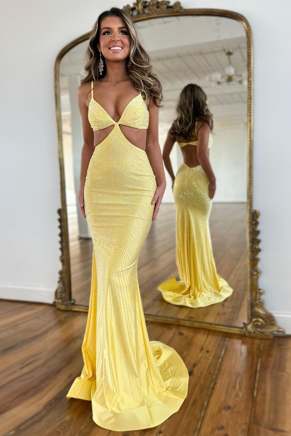 Stylish Orange Mermaid Spaghetti Straps Long Beaded Prom Dress