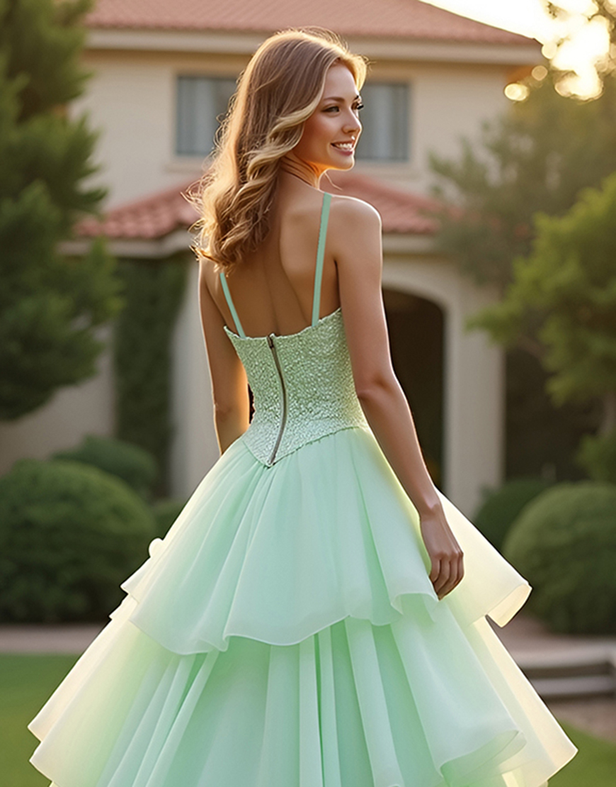 Sparkly Green Ball Gown Spaghetti Straps Long Prom Dress With Ruffles