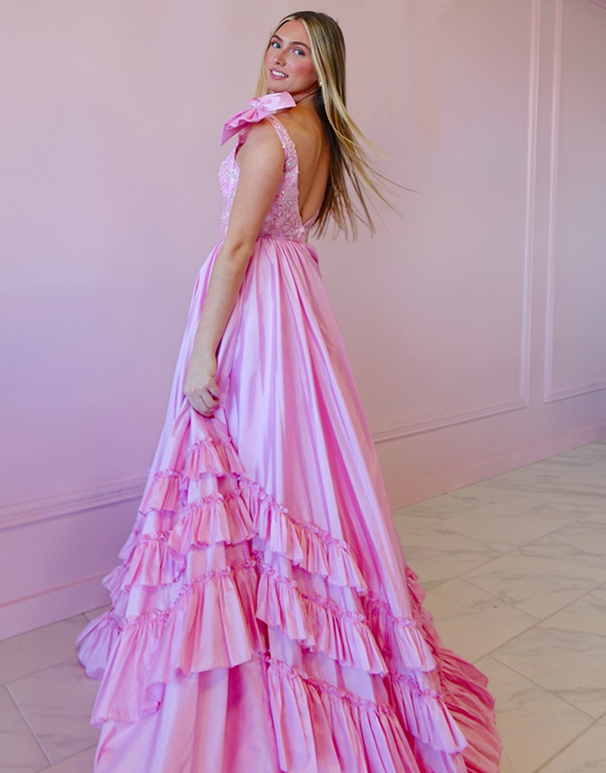 Sparkly Pink A Line Tiered V-Neck Long Ruffled Prom Dress with Bow