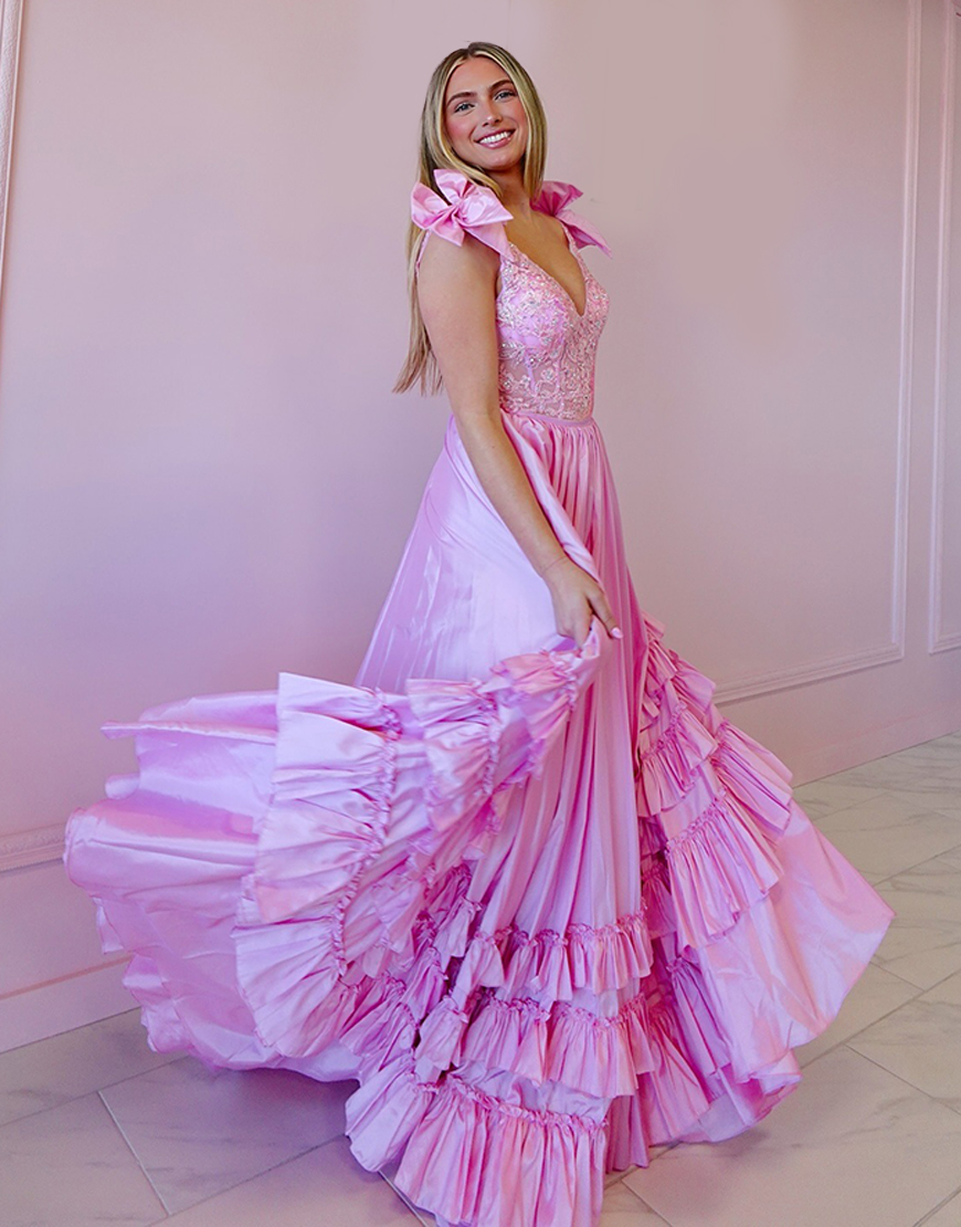 Sparkly Pink A Line Tiered V-Neck Long Ruffled Prom Dress with Bow