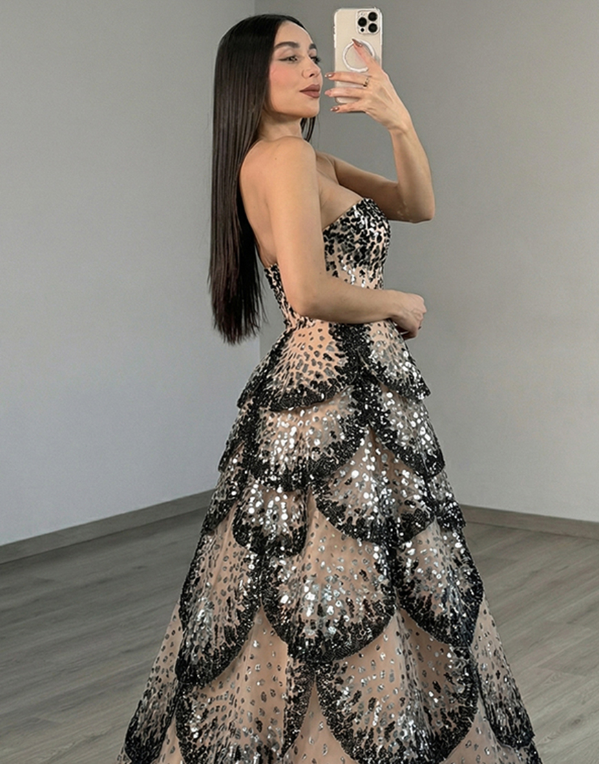 Sparkly Black Apricot Ruffled Strapless A Line Long Prom Dress with Sequin