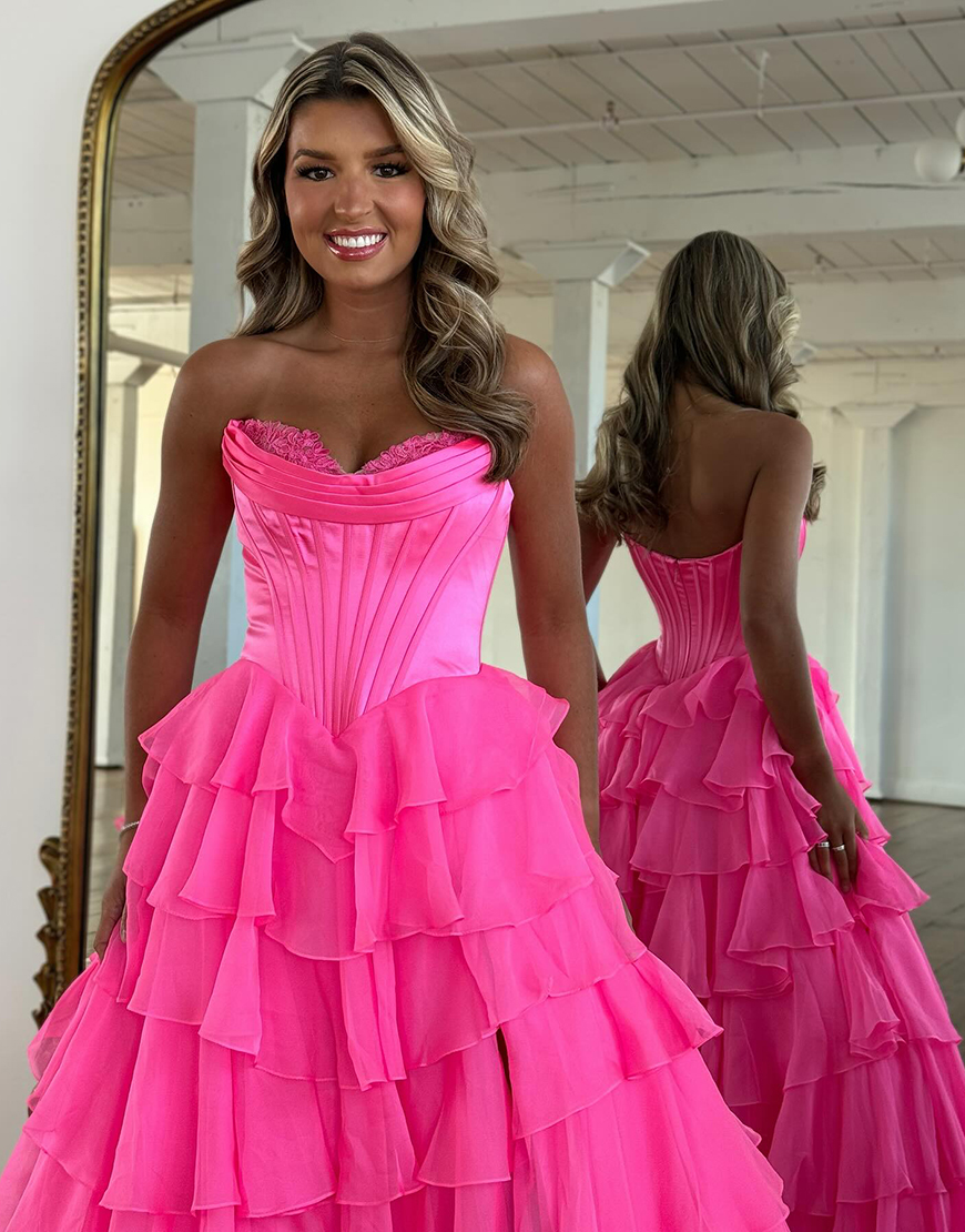Princess Fuchsia A-Line Strapless Corset Tiered Long Prom Dress with Slit