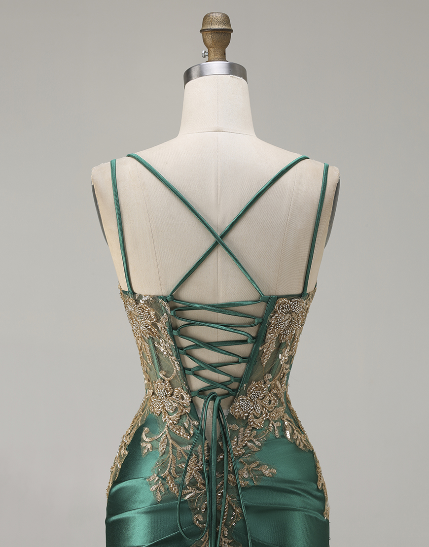 Sparkly Black Beaded Floral Corset Satin Appliqued Long Prom Dress with Slit