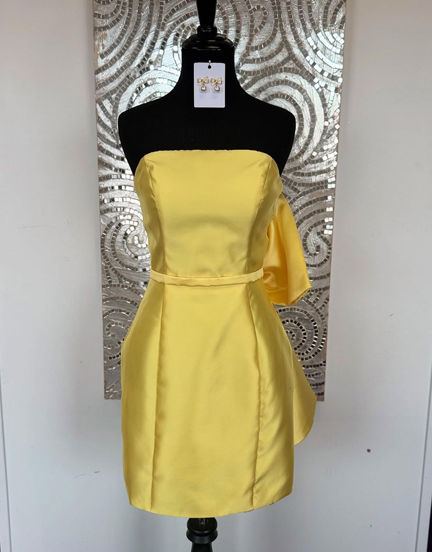 Yellow Strapless Satin Short Sheath Homecoming Dress with Bow