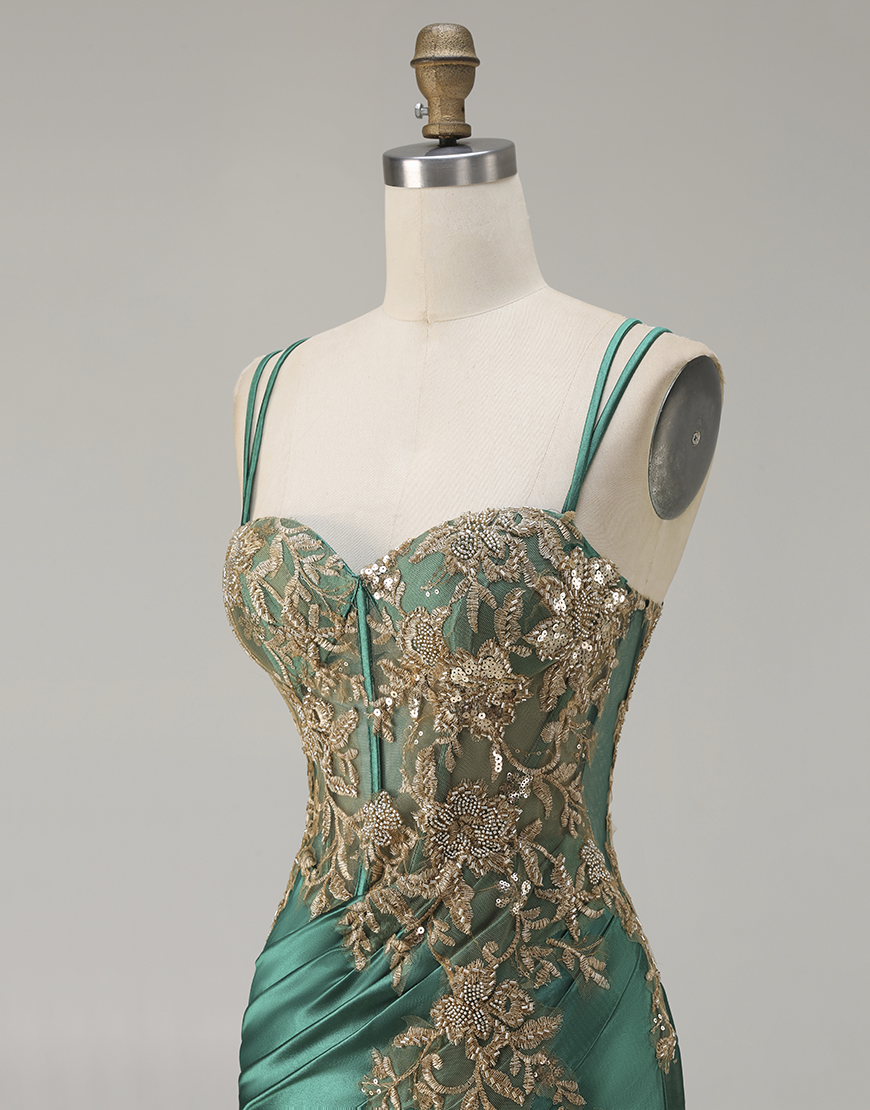 Sparkly Black Beaded Floral Corset Satin Appliqued Long Prom Dress with Slit