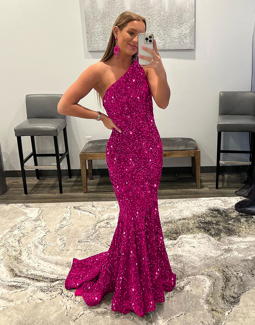 Mermaid Glitter Sexy One-Shoulder Long Prom Dress With Sequins