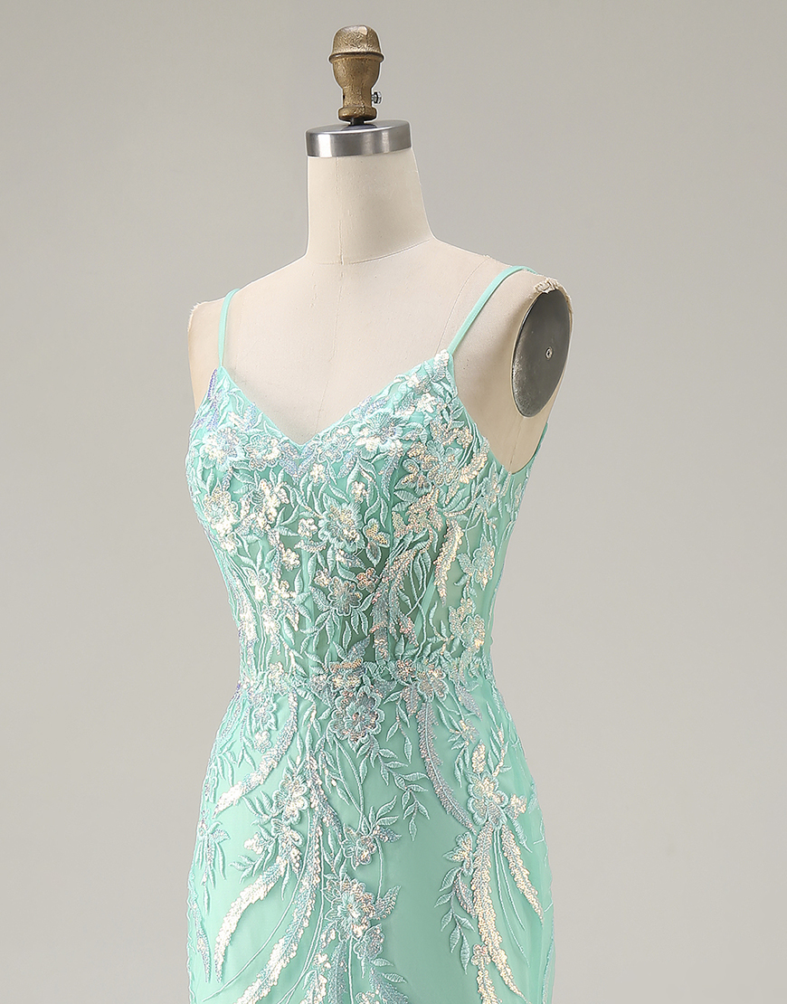 Sparkly Purple Floral Mermaid Lace Spaghetti Straps Long Prom Dress