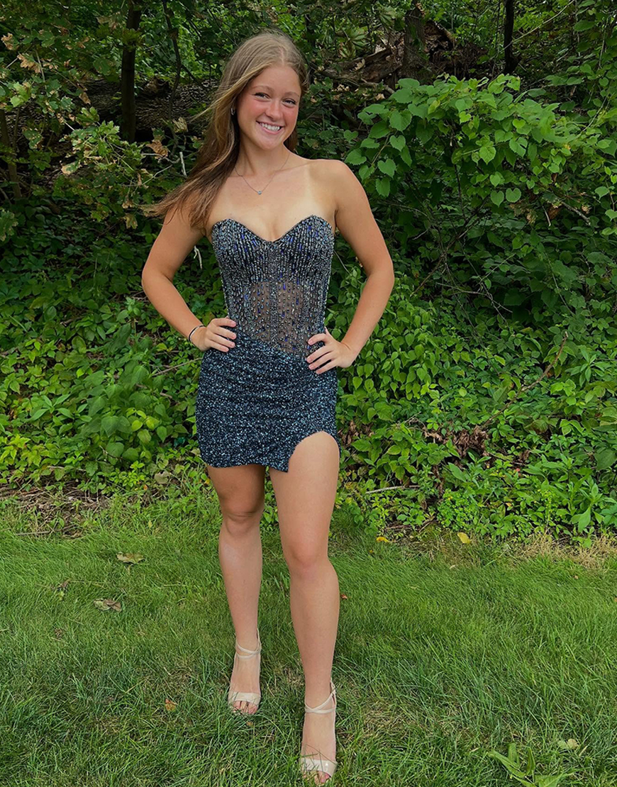 Sparkly Silver Sequins Tight Strapless Short Corset Homecoming Dress