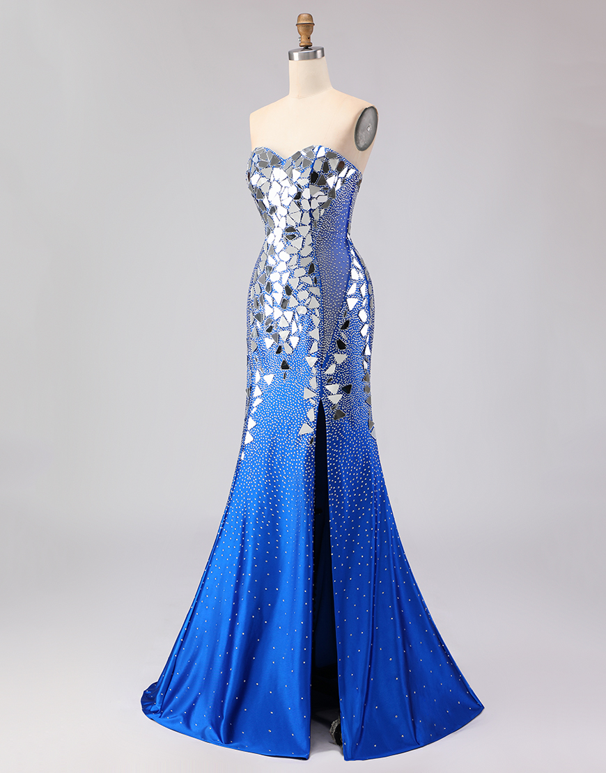 Sparkly Red Beaded Mermaid Mirror Sweetheart Long Prom Dress with Slit