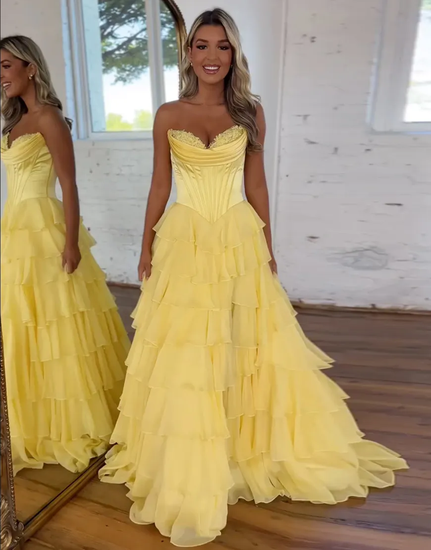 Orange Corset Tiered Strapless Ruffled Long Prom Dress with Slit