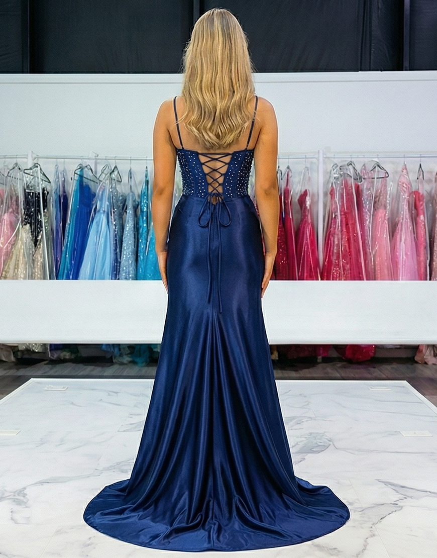 Sparkly Burgundy Floral Satin Beaded Mermaid Corset Long Prom Dress with Slit