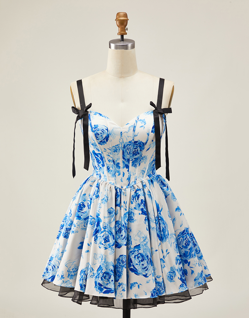 White Blue Floral A Line Corset Short Homecoming Dress with Bow