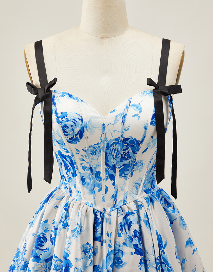 White Fuchsia Floral A Line Corset Short Homecoming Dress with Bow