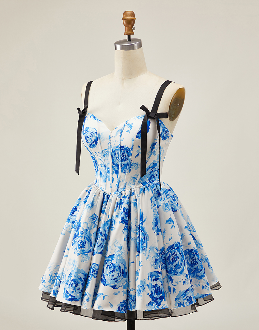 White Fuchsia Floral A Line Corset Short Homecoming Dress with Bow