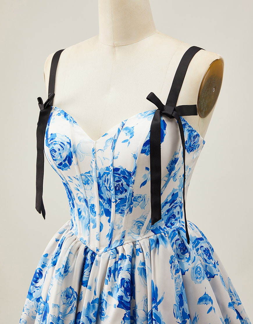 White Fuchsia Floral A Line Corset Short Homecoming Dress with Bow