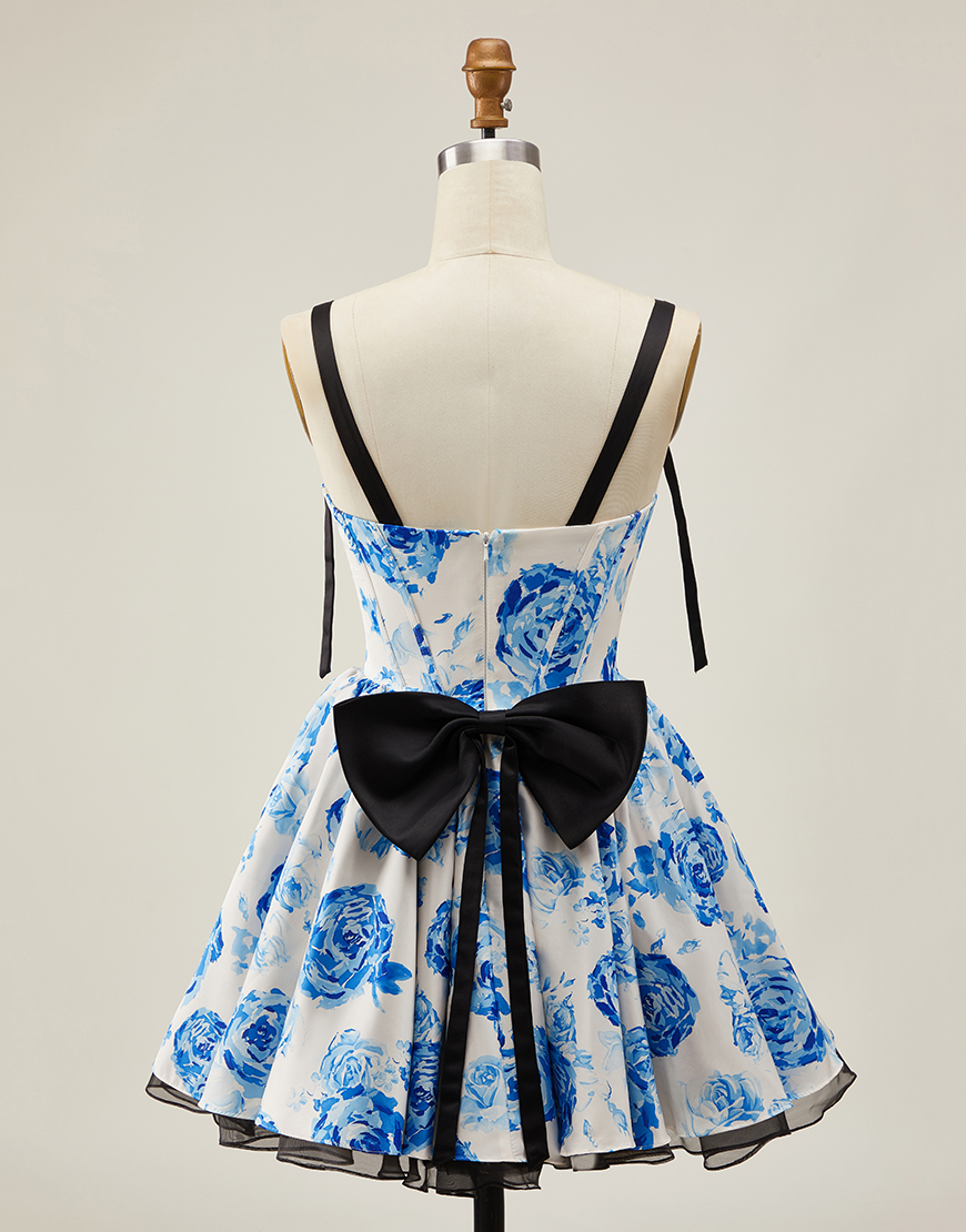 White Blue Floral A Line Corset Short Homecoming Dress with Bow