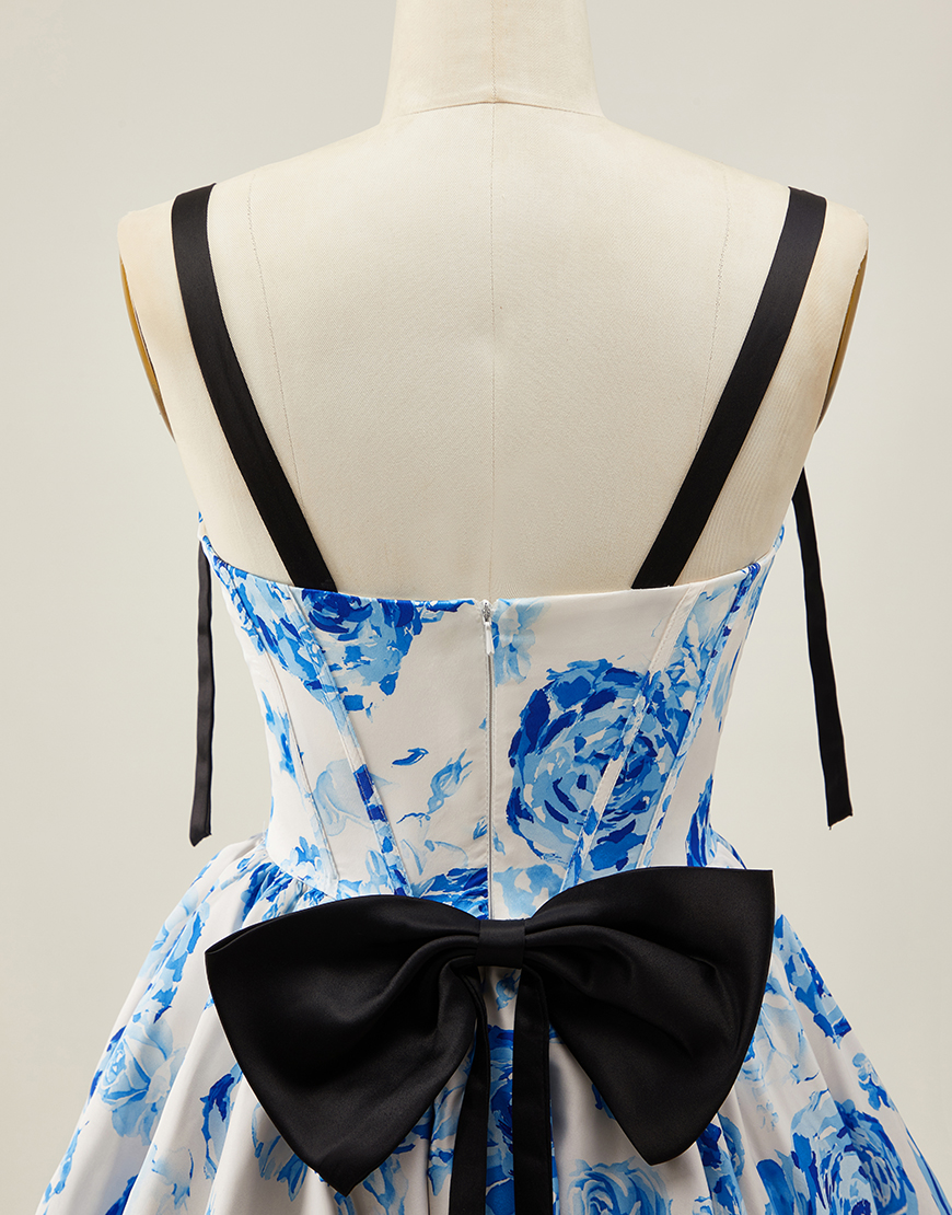 White Fuchsia Floral A Line Corset Short Homecoming Dress with Bow