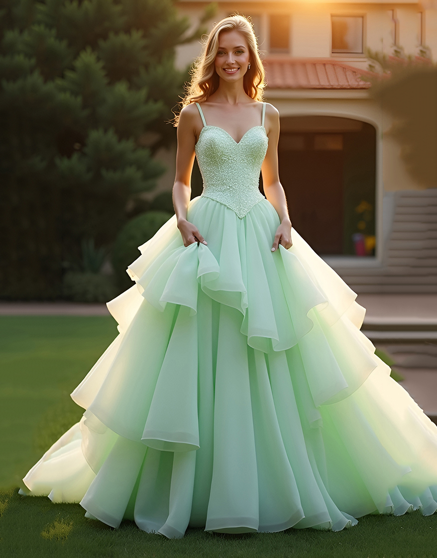 Sparkly Green Ball Gown Spaghetti Straps Long Prom Dress With Ruffles