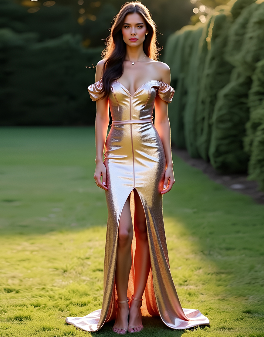 Sheath Off the Shoulder Rose Golden Glitter Long Prom Dress with Slit