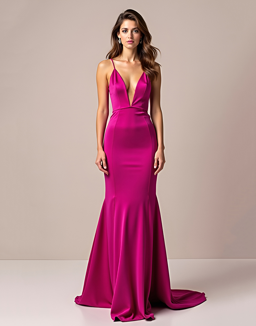 Sheath Fuchsia Spaghetti Straps Satin Long Prom Dress