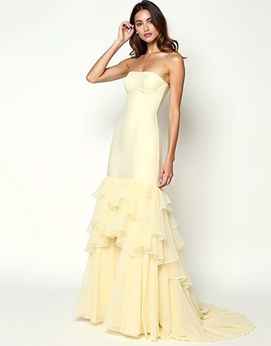 Yellow Strapless Sheath Long Prom Dress with Ruffles