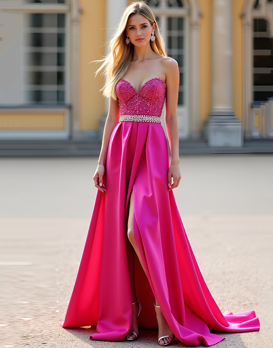 Sparkly A Line Fuchsia Beaded Sweetheart Corset Long Prom Dress with Slit