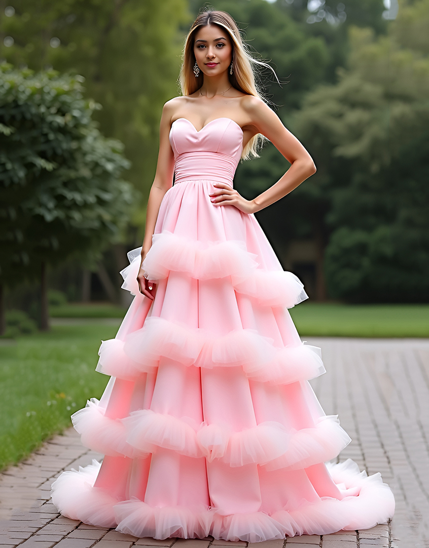 Pink Sweetheart Ball Gown Tiered Long Prom Dress With Ruffles
