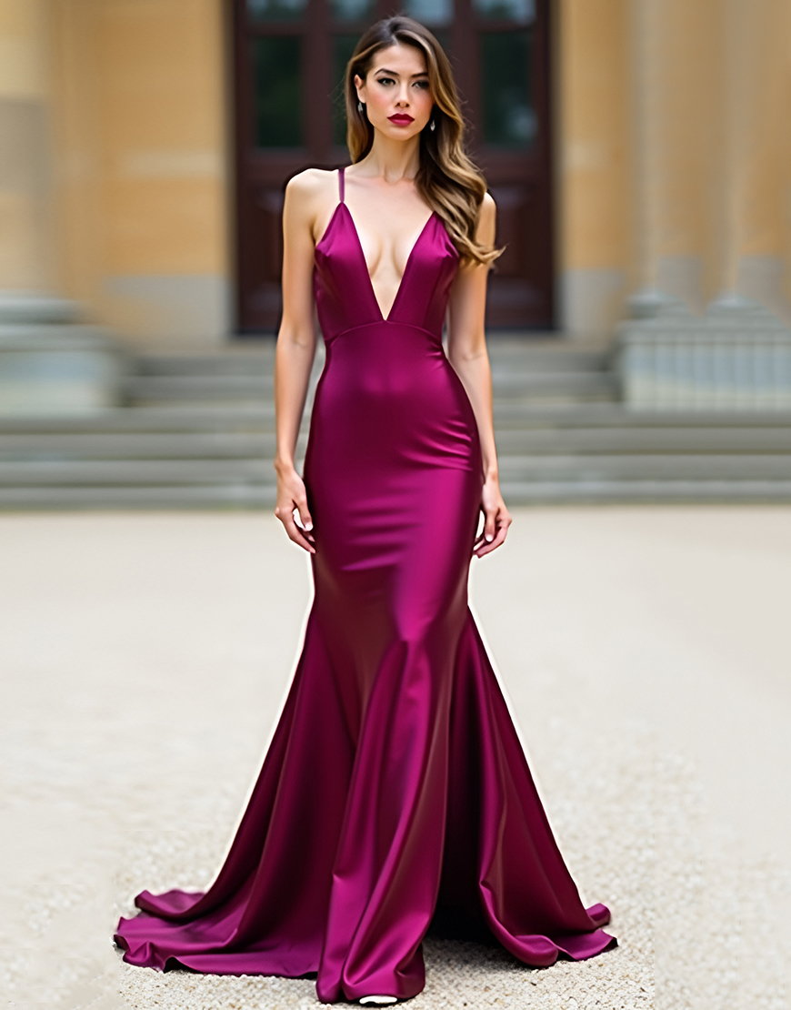 Mermaid Dark Purple Spaghetti Straps Satin Long Prom Dress