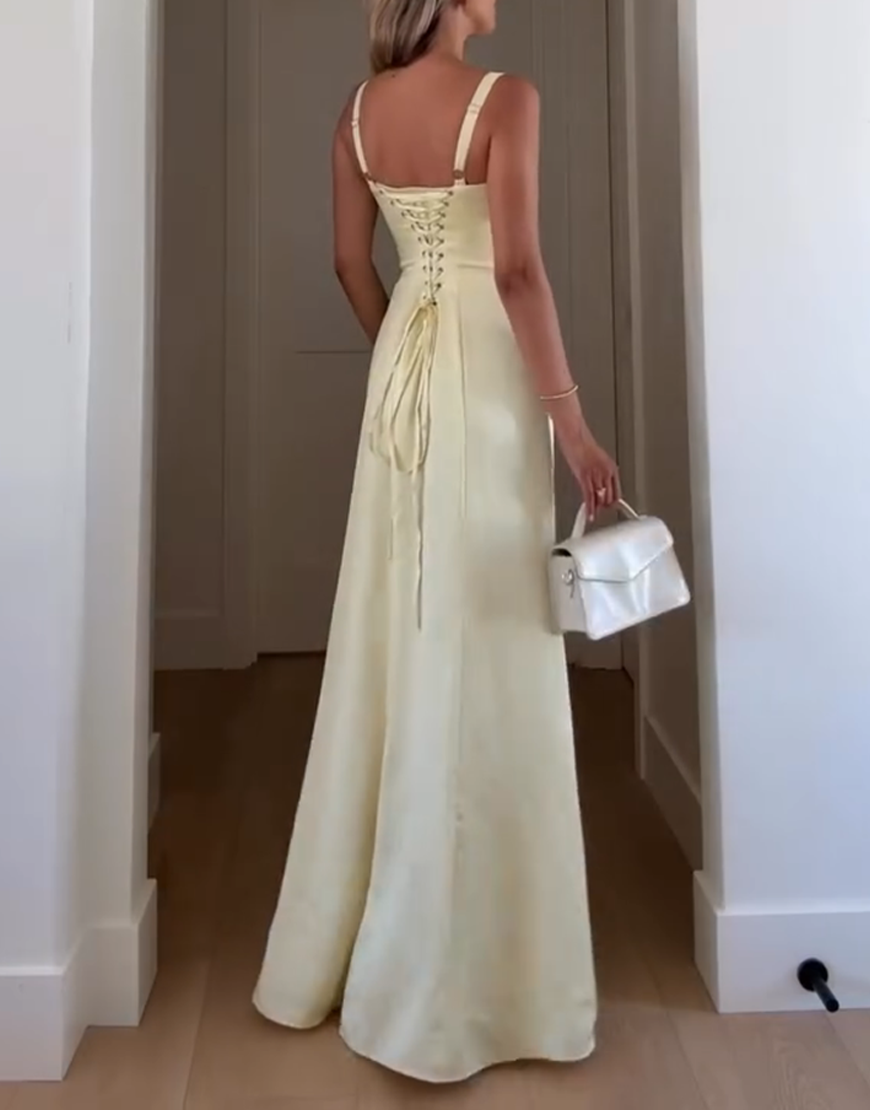 Yellow Corset Thick Straps Sheath Satin Maxi Dress