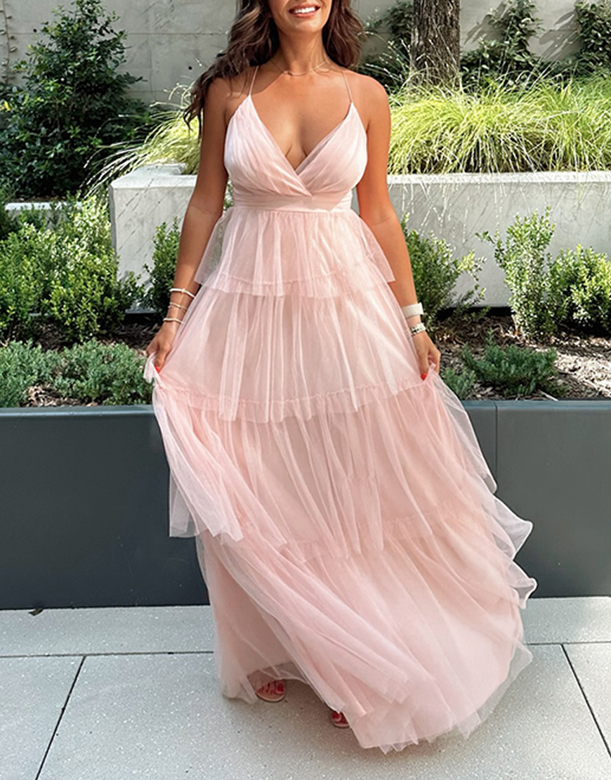 Blush A Line Tulle Halter Tiered Maxi Dress with Ruffles