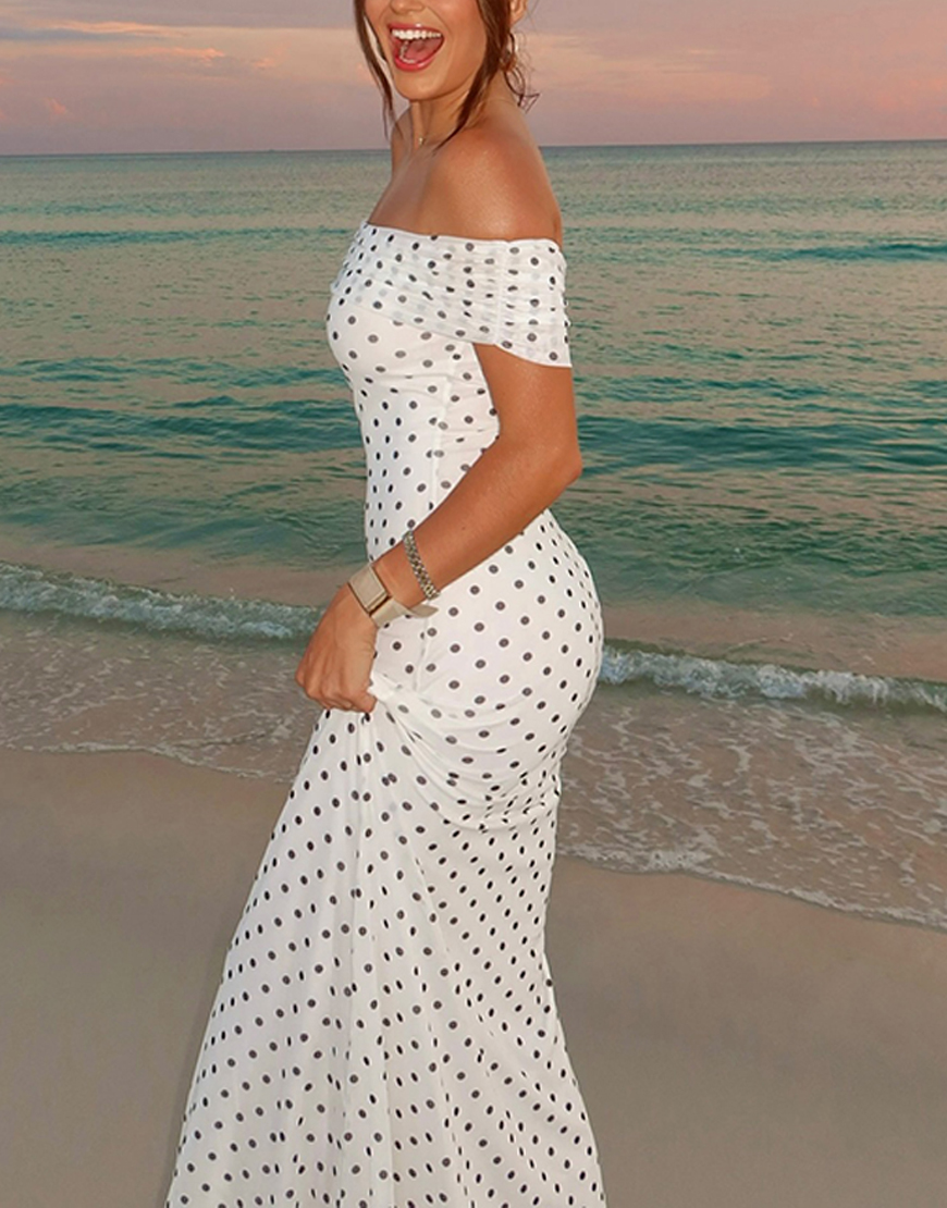 Black and White Dots Sheath Off the Shoulder Maxi Dress