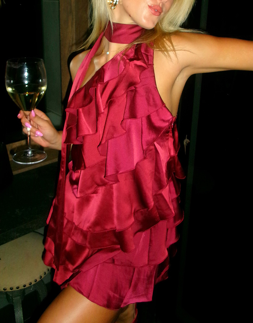 Burgundy One Shoulder Bodycon Neck Scarf Mini Dress with Ruffles