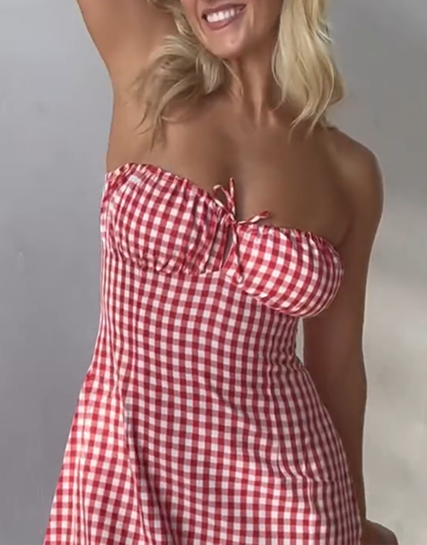 Red A Line Plaid Strapless Mini Dress