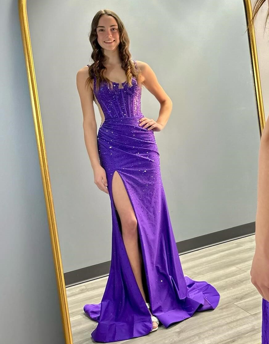 Sparkly Violet Mermaid Beaded Corset Spaghetti Straps Long Prom Dress with Slit