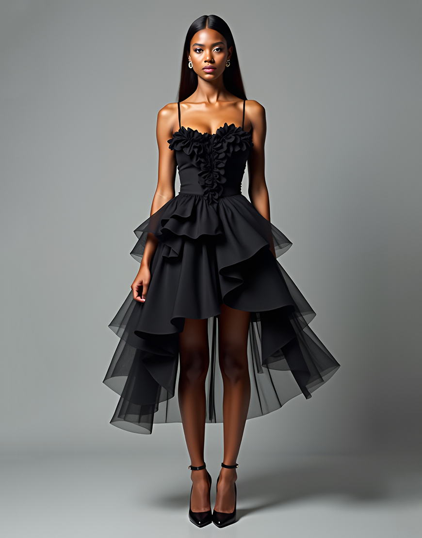 Black A Line Spaghetti Straps Tiered Tea Length Graduation Dress