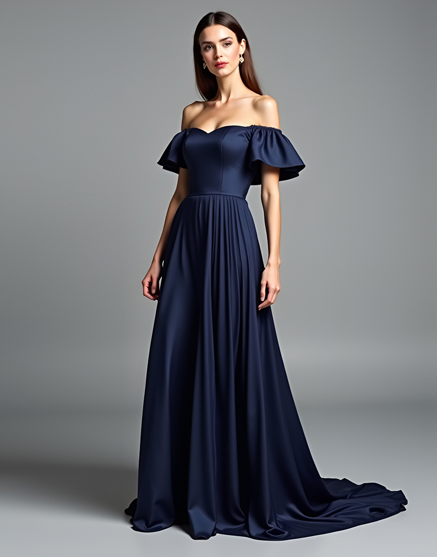 A Line Navy Off The Shoulder Long Formal Dress With Ruffles