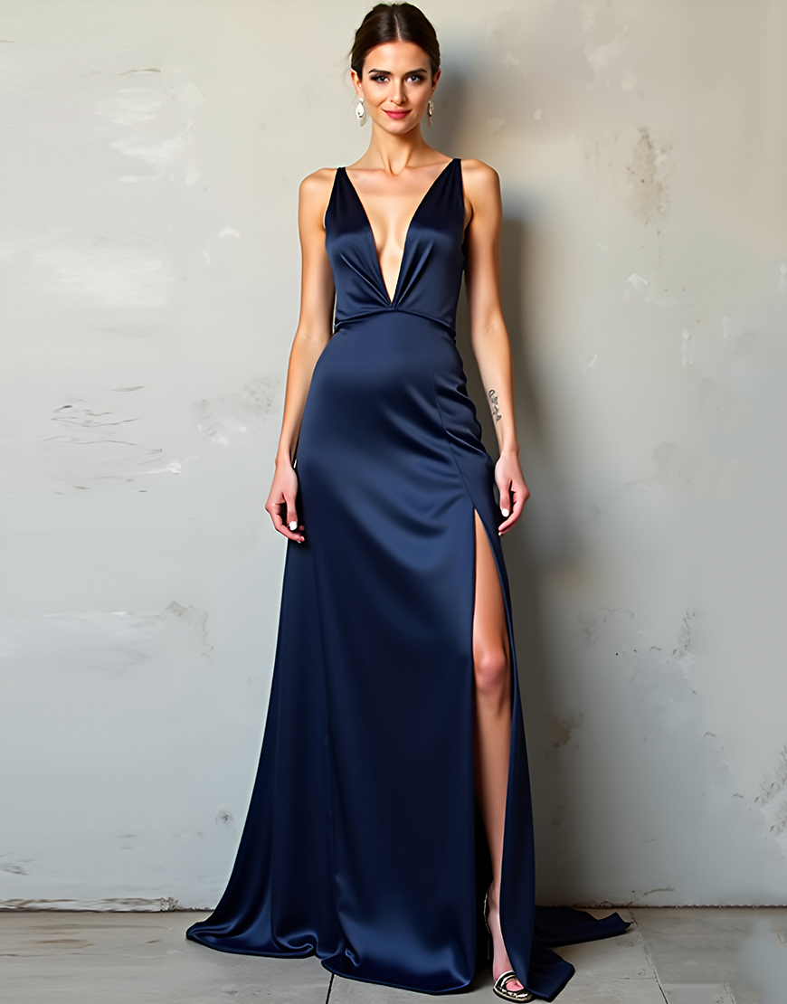 Sheath Navy Deep V-Neck Long Satin Formal Dress with Slit