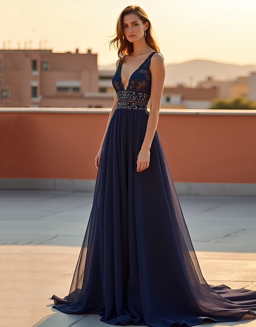 Sparkly A Line Navy Backless Deep V-Neck Beaded Long Formal Dress