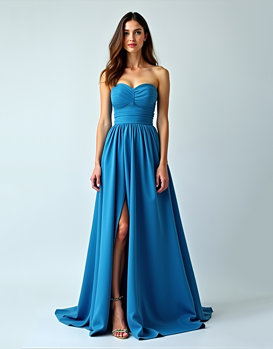 A Line Blue Strapless Ruched Long Wedding Guest Dress with Slit