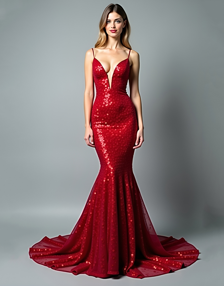 Sparkly Red Mermaid Spaghetti Straps Long Prom Dress With Sequin