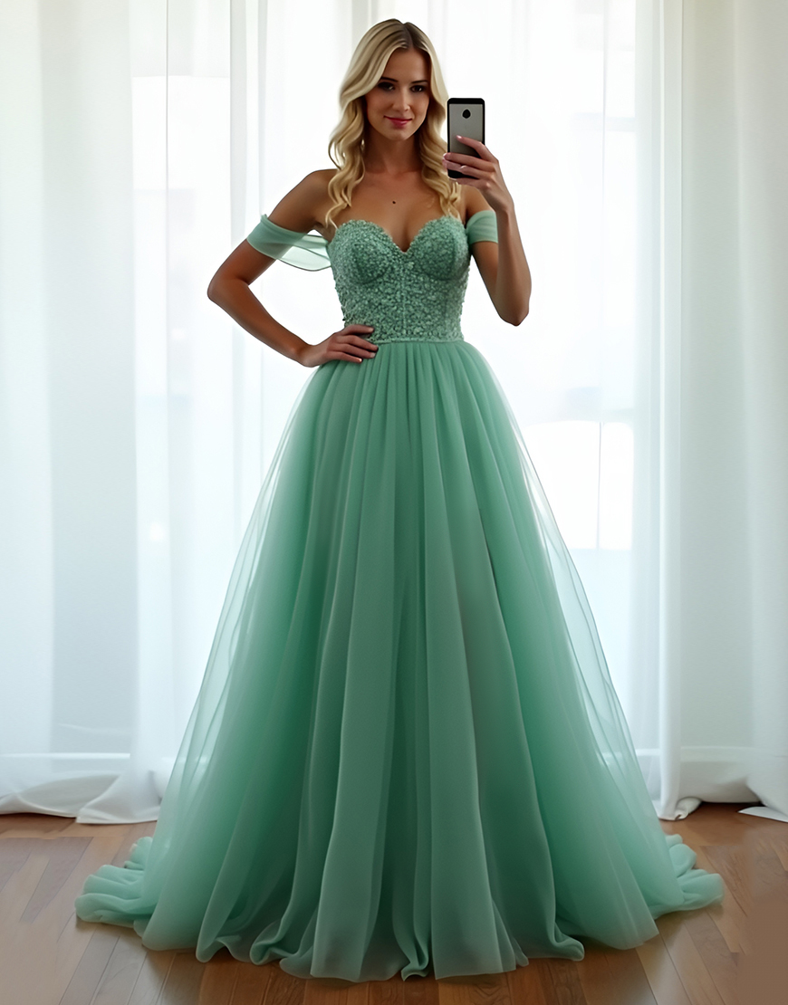 A Line Green Off the Shoulder Corset Long Tulle Prom Dress