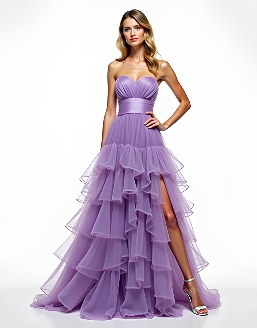 A Line Purple Strapless Tiered Ruffled Long Prom Dress with Slit