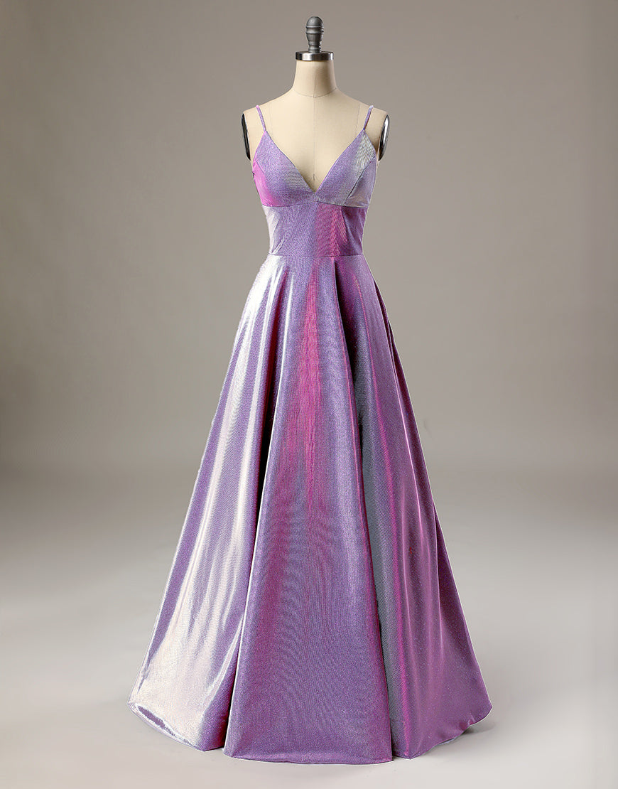 A-Line Long Prom Dress Spaghetti Straps Lilac Evening Dress