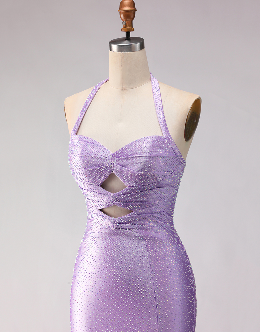 Sparkly Lilac Mermaid Halter Satin Beaded Long Prom Dress with Slit