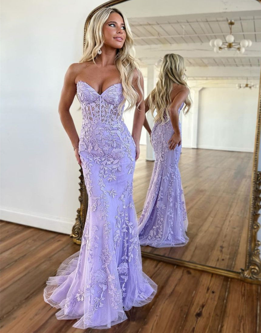 Lilac Mermaid Corset Back Prom Dress With Appliques