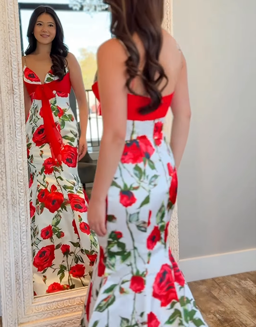 White Red Flower Spaghetti Straps Long Mermaid Prom Dress with Bow