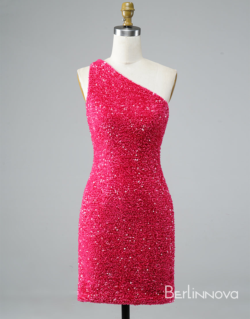 Glitter One-Shoulder Hot Pink Homecoming Dress With Sequins
